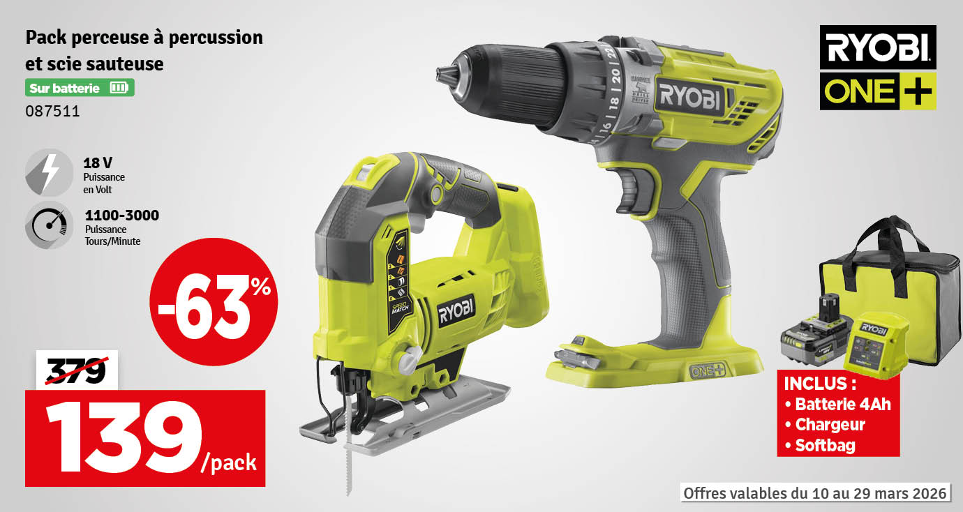 Pack scie sauteuse et perceuse visseuse sur batterie One+ 18 V RYOBI